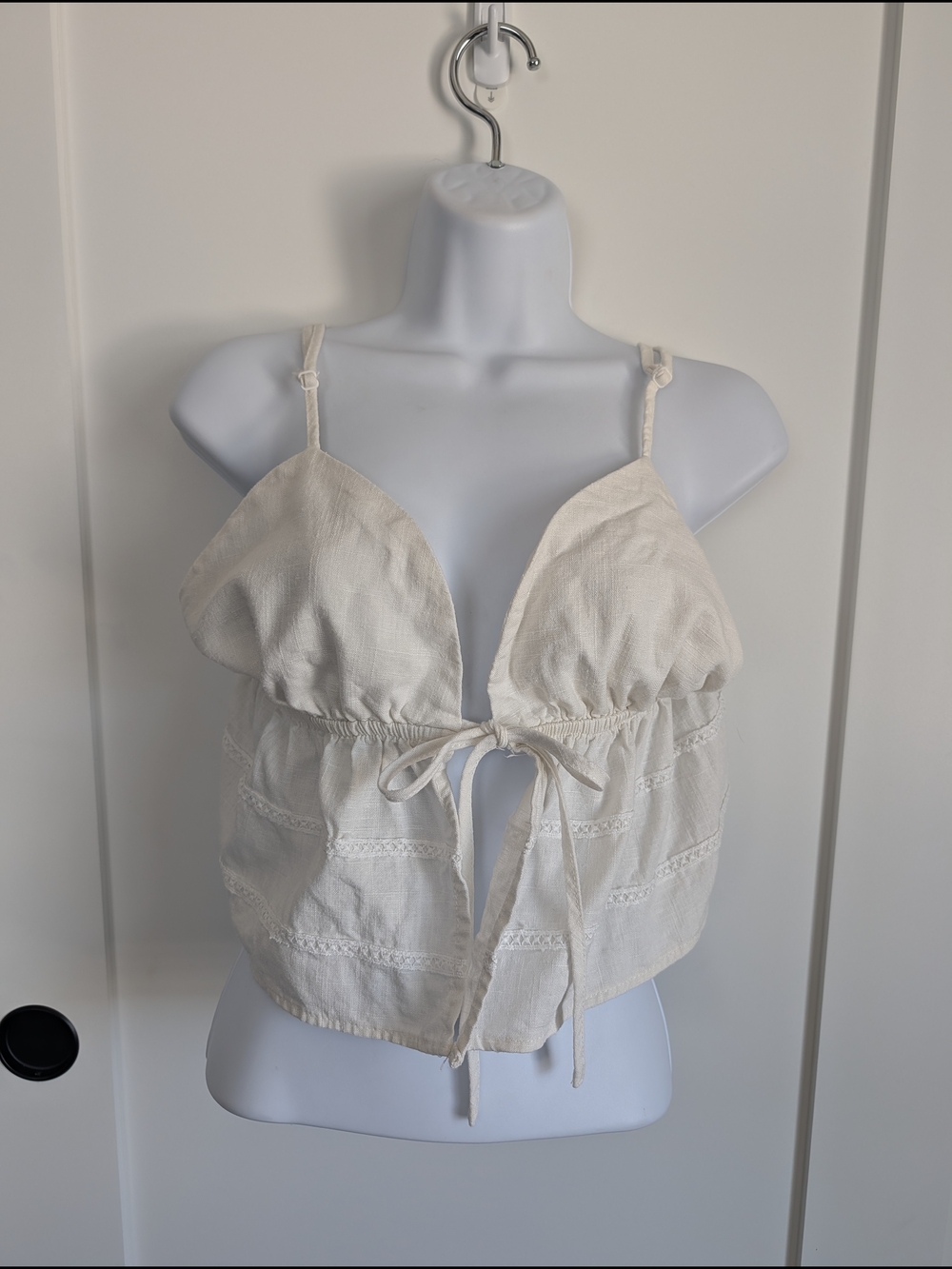 Women's Cream Tie-Front Linen Blend Babydoll Camisole Top